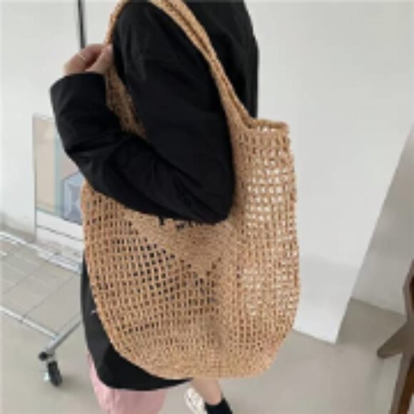 Straw Mesh Tote Bag, Large Capacity Foldable Hobo, Beach Shoulder Bag - Picture 3 of 7